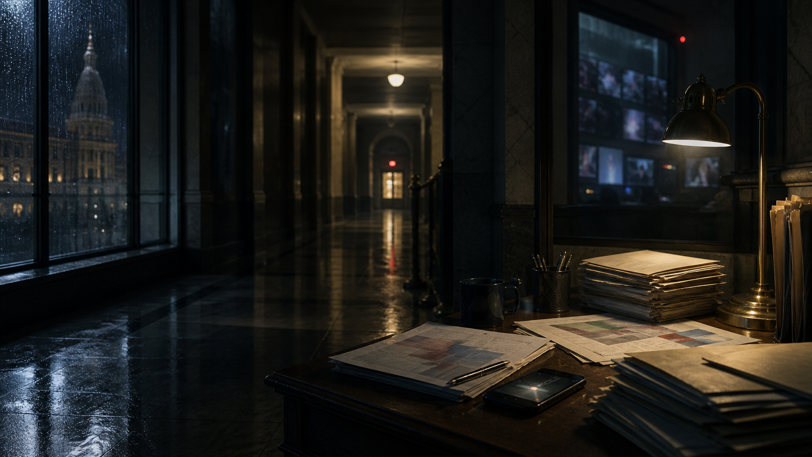 Atmospheric illustration of a fictional civic corridor at night with rainlit windows, folders, monitors, and a desk lamp