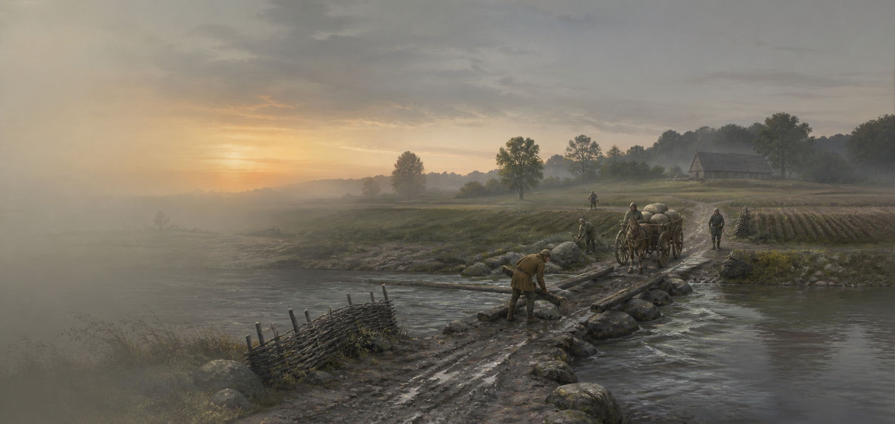 Atmospheric artwork of a medieval river crossing with a cart, workers, fields, and a distant manor