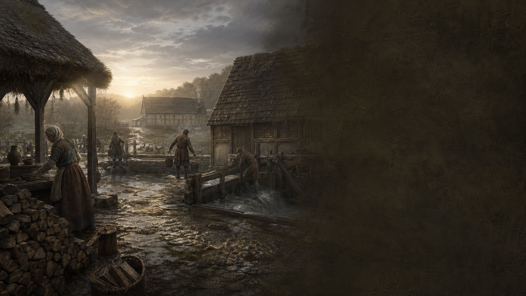 Atmospheric artwork of a working manor household with people, buildings, water, wood, and fields
