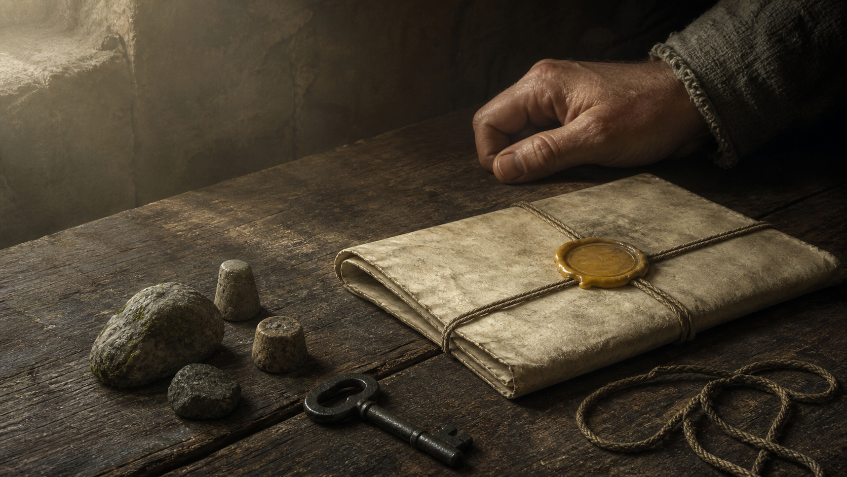 Atmospheric artwork of sealed records, stones, a key, and a hand resting on a wooden table